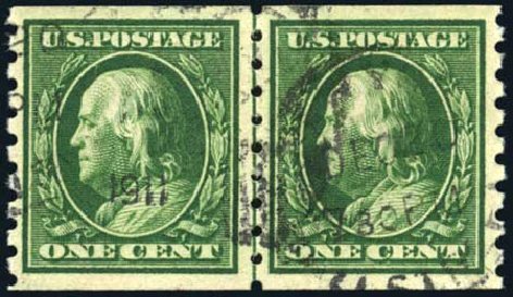 US Stamps Prices Scott 392: 1910 1c Franklin Coil. Harmer-Schau Auction Galleries, Apr 2010, Sale 85, Lot 295
