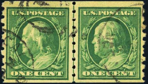 Values of US Stamps Scott 392 - 1c 1910 Franklin Coil. Harmer-Schau Auction Galleries, Aug 2012, Sale 94, Lot 1523