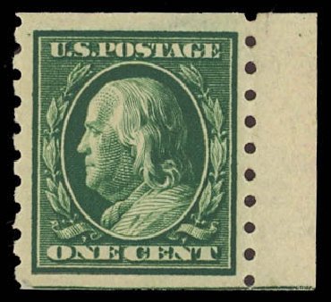 US Stamp Prices Scott Cat. #392 - 1910 1c Franklin Coil. Daniel Kelleher Auctions, Oct 2012, Sale 632, Lot 1303