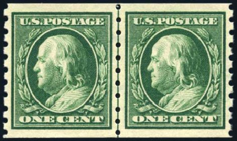 Values of US Stamp Scott Catalog 392: 1910 1c Franklin Coil. Harmer-Schau Auction Galleries, Feb 2009, Sale 80, Lot 1306