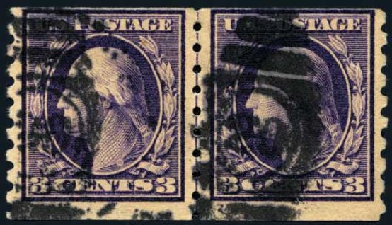 Values of US Stamp Scott Catalog 394 - 1911 3c Washington Coil. Harmer-Schau Auction Galleries, Nov 2014, Sale 103, Lot 131