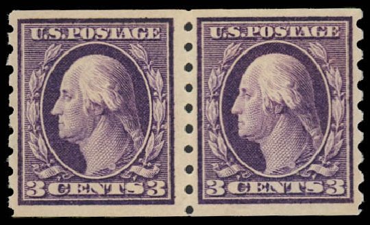 US Stamps Prices Scott #394 - 1911 3c Washington Coil. Daniel Kelleher Auctions, Oct 2012, Sale 632, Lot 1311
