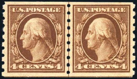 US Stamp Values Scott #395: 1912 4c Washington Coil. Harmer-Schau Auction Galleries, Feb 2010, Sale 84, Lot 1567