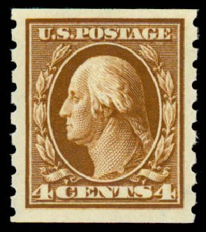 US Stamp Values Scott Catalog # 395: 1912 4c Washington Coil. Daniel Kelleher Auctions, Sep 2013, Sale 639, Lot 3497