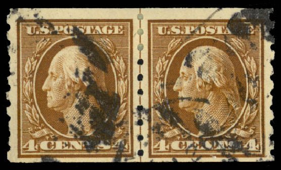 US Stamps Values Scott Cat. #395 - 1912 4c Washington Coil. Daniel Kelleher Auctions, May 2014, Sale 652, Lot 597