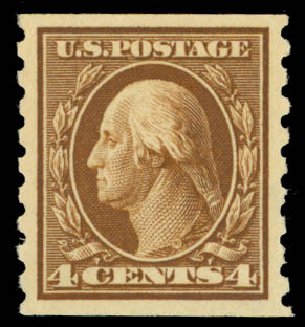 Value of US Stamps Scott Catalog 395: 4c 1912 Washington Coil. Daniel Kelleher Auctions, Sep 2014, Sale 655, Lot 467