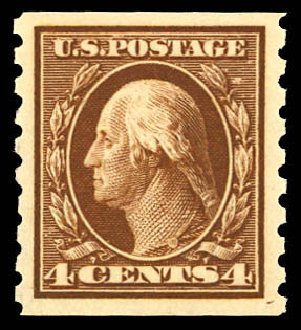 Values of US Stamps Scott Catalogue # 395 - 1912 4c Washington Coil. Daniel Kelleher Auctions, Dec 2012, Sale 633, Lot 678