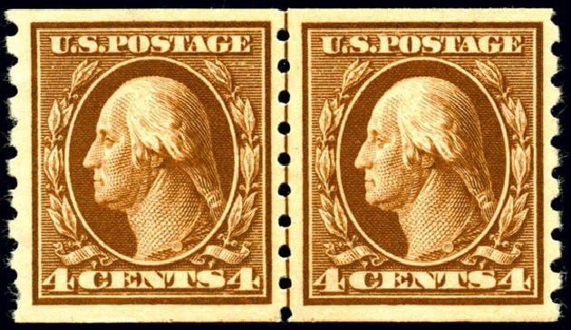 Values of US Stamps Scott # 395 - 1912 4c Washington Coil. Matthew Bennett International, Jun 2008, Sale 328, Lot 921