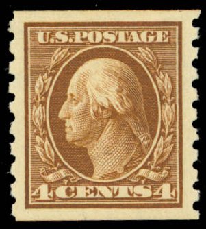 US Stamps Prices Scott Catalogue # 395 - 4c 1912 Washington Coil. Daniel Kelleher Auctions, Sep 2014, Sale 655, Lot 466