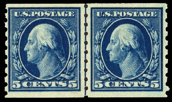 US Stamps Value Scott #396 - 1913 5c Washington Coil. Daniel Kelleher Auctions, Apr 2013, Sale 636, Lot 337