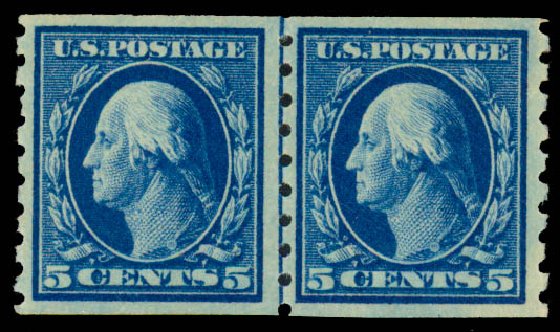 Values of US Stamp Scott Catalog 396: 1913 5c Washington Coil. Daniel Kelleher Auctions, Sep 2013, Sale 639, Lot 3502