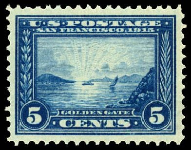 US Stamps Values Scott Cat. #399: 1913 5c Panama-Pacific Exposition. Daniel Kelleher Auctions, Dec 2012, Sale 633, Lot 692