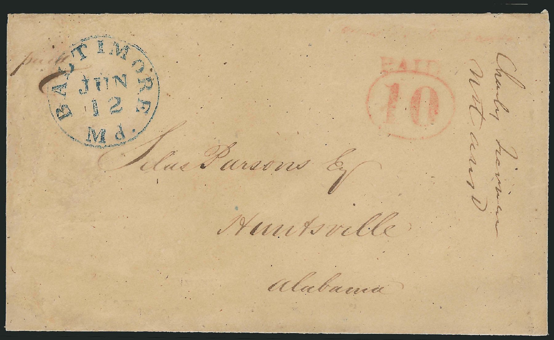 Value of US Stamp Scott Catalog # 3XU4 - 1845 10c Baltimore Postmasters Provisional. Robert Siegel Auction Galleries, Oct 2008, Sale 963, Lot 4