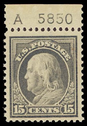 US Stamps Price Scott #418 - 1912 15c Franklin Perf 12. Daniel Kelleher Auctions, Oct 2012, Sale 632, Lot 1338