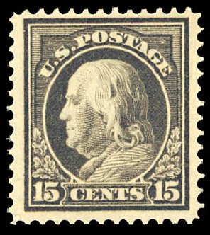 US Stamp Prices Scott Catalog # 418 - 15c 1912 Franklin Perf 12. Daniel Kelleher Auctions, Dec 2012, Sale 633, Lot 733