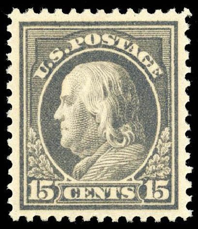 US Stamp Values Scott #418 - 15c 1912 Franklin Perf 12. Matthew Bennett International, Apr 2008, Sale 326, Lot 386