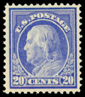 Values of US Stamps Scott Catalogue # 419: 1914 20c Franklin Perf 12. Daniel Kelleher Auctions, Sep 2013, Sale 639, Lot 3529