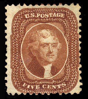US Stamps Prices Scott #42 - 1875 5c Jefferson Reprint. Cherrystone Auctions, Apr 2014, Sale 201404, Lot 27