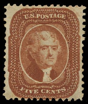 Values of US Stamps Scott # 42: 5c 1875 Jefferson Reprint. Daniel Kelleher Auctions, Jun 2012, Sale 630, Lot 1269