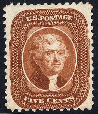 US Stamp Price Scott Catalogue # 42: 1875 5c Jefferson Reprint. Cherrystone Auctions, May 2008, Sale 200805, Lot 100