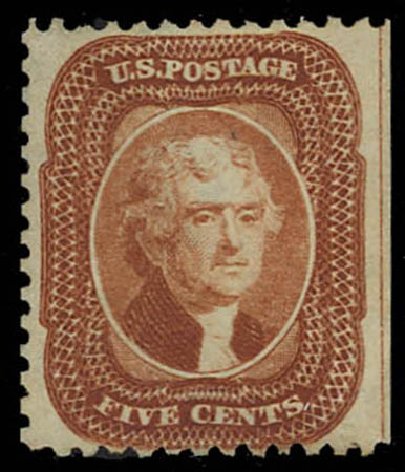 US Stamps Value Scott Cat. #42 - 1875 5c Jefferson Reprint. Daniel Kelleher Auctions, Oct 2011, Sale 626, Lot 76