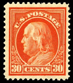 US Stamp Value Scott Catalogue 420: 1914 30c Franklin Perf 12. Daniel Kelleher Auctions, Dec 2012, Sale 633, Lot 737