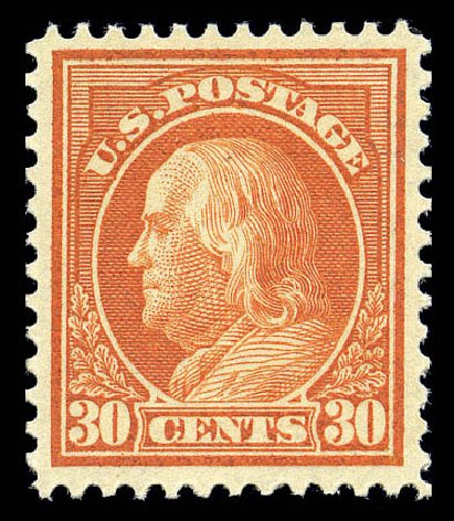 Value of US Stamp Scott # 420 - 1914 30c Franklin Perf 12. Matthew Bennett International, Sep 2010, Sale 333, Lot 3749