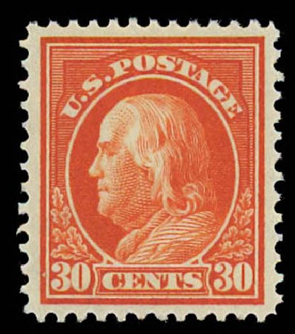 Values of US Stamp Scott Catalog #420 - 30c 1914 Franklin Perf 12. Daniel Kelleher Auctions, Oct 2011, Sale 626, Lot 369
