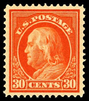 US Stamps Values Scott Catalog 420 - 1914 30c Franklin Perf 12. Daniel Kelleher Auctions, Dec 2012, Sale 633, Lot 739
