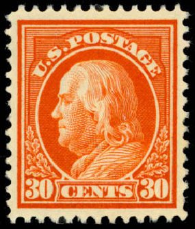 US Stamps Values Scott Catalogue #420 - 30c 1914 Franklin Perf 12. Daniel Kelleher Auctions, Apr 2013, Sale 636, Lot 345