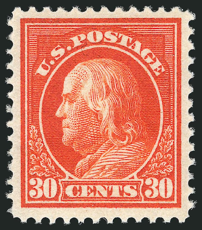 US Stamp Values Scott Cat. 420: 1914 30c Franklin Perf 12. Robert Siegel Auction Galleries, Nov 2013, Sale 1061, Lot 3905