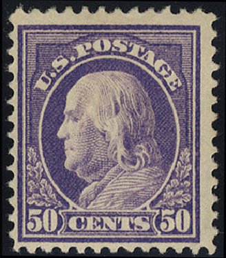 US Stamps Values Scott Cat. # 421 - 1914 50c Franklin Perf 12. Cherrystone Auctions, May 2008, Sale 200805, Lot 257