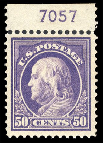 Values of US Stamps Scott #421: 50c 1914 Franklin Perf 12. Cherrystone Auctions, Sep 2008, Sale 200809, Lot 27