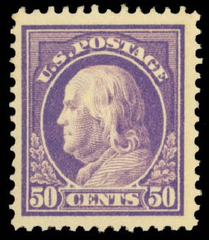 Costs of US Stamp Scott Catalog #421: 1914 50c Franklin Perf 12. Daniel Kelleher Auctions, Dec 2014, Sale 661, Lot 348