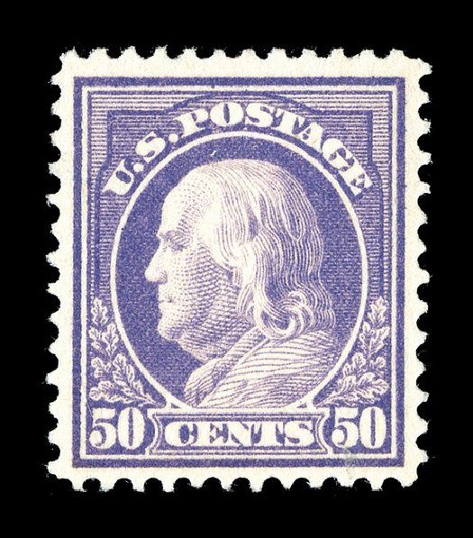 Values of US Stamp Scott Cat. # 421: 1914 50c Franklin Perf 12. Spink Shreves Galleries, May 2014, Sale 148, Lot 298