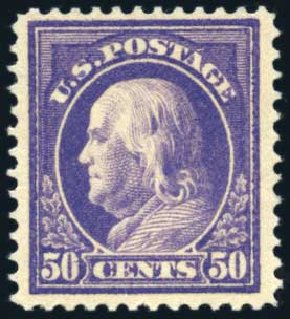 US Stamps Prices Scott Cat. 421: 50c 1914 Franklin Perf 12. Harmer-Schau Auction Galleries, Jun 2008, Sale 78, Lot 1559