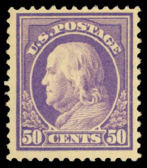 Value of US Stamps Scott Catalog #421 - 1914 50c Franklin Perf 12. Daniel Kelleher Auctions, Dec 2014, Sale 661, Lot 349