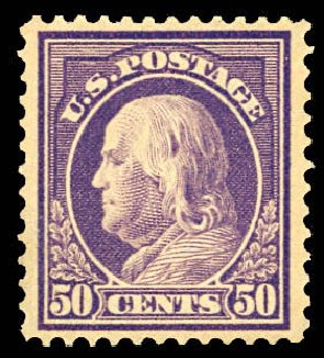 Values of US Stamp Scott 421: 50c 1914 Franklin Perf 12. Daniel Kelleher Auctions, Dec 2012, Sale 633, Lot 740