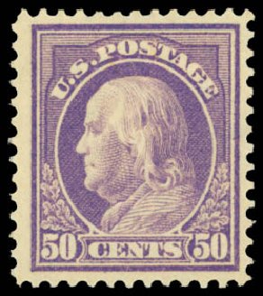 Values of US Stamp Scott Cat. #421: 1914 50c Franklin Perf 12. Daniel Kelleher Auctions, Dec 2014, Sale 661, Lot 350