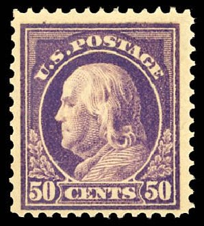 US Stamps Prices Scott #421 - 1914 50c Franklin Perf 12. Daniel Kelleher Auctions, Dec 2012, Sale 633, Lot 741