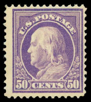 US Stamps Values Scott Cat. #421: 1914 50c Franklin Perf 12. Daniel Kelleher Auctions, Sep 2013, Sale 639, Lot 1151