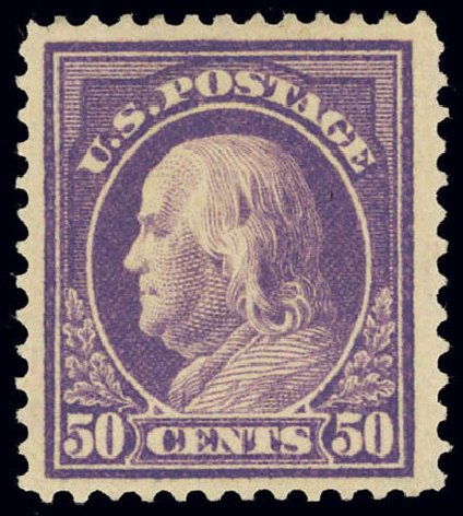 US Stamps Prices Scott #421: 1914 50c Franklin Perf 12. Daniel Kelleher Auctions, Feb 2013, Sale 634, Lot 265