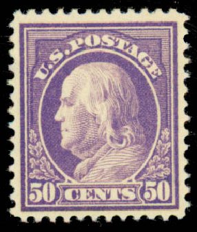 US Stamps Prices Scott Catalogue 421 - 50c 1914 Franklin Perf 12. Daniel Kelleher Auctions, Sep 2013, Sale 639, Lot 1152