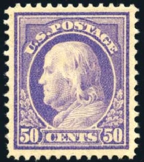 Values of US Stamps Scott Catalogue # 421: 50c 1914 Franklin Perf 12. Harmer-Schau Auction Galleries, Feb 2010, Sale 84, Lot 1583
