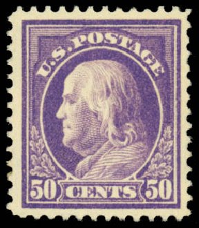 Values of US Stamps Scott # 421: 50c 1914 Franklin Perf 12. Daniel Kelleher Auctions, Mar 2014, Sale 648, Lot 2163