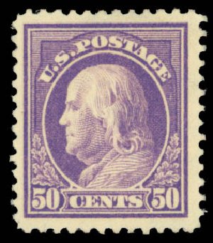 US Stamp Value Scott Cat. #421: 50c 1914 Franklin Perf 12. Daniel Kelleher Auctions, Jan 2015, Sale 663, Lot 1776