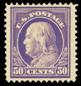 US Stamps Value Scott Catalog # 422 - 1914 50c Franklin Perf 12. Daniel Kelleher Auctions, Apr 2013, Sale 636, Lot 347
