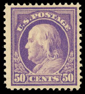 US Stamps Values Scott 422: 1914 50c Franklin Perf 12. Daniel Kelleher Auctions, Oct 2014, Sale 660, Lot 2368