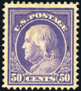 Values of US Stamp Scott # 422: 50c 1914 Franklin Perf 12. Harmer-Schau Auction Galleries, May 2014, Sale 101, Lot 159