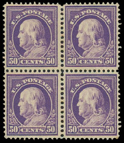 US Stamps Values Scott 422 - 50c 1914 Franklin Perf 12. Daniel Kelleher Auctions, Jul 2011, Sale 625, Lot 971